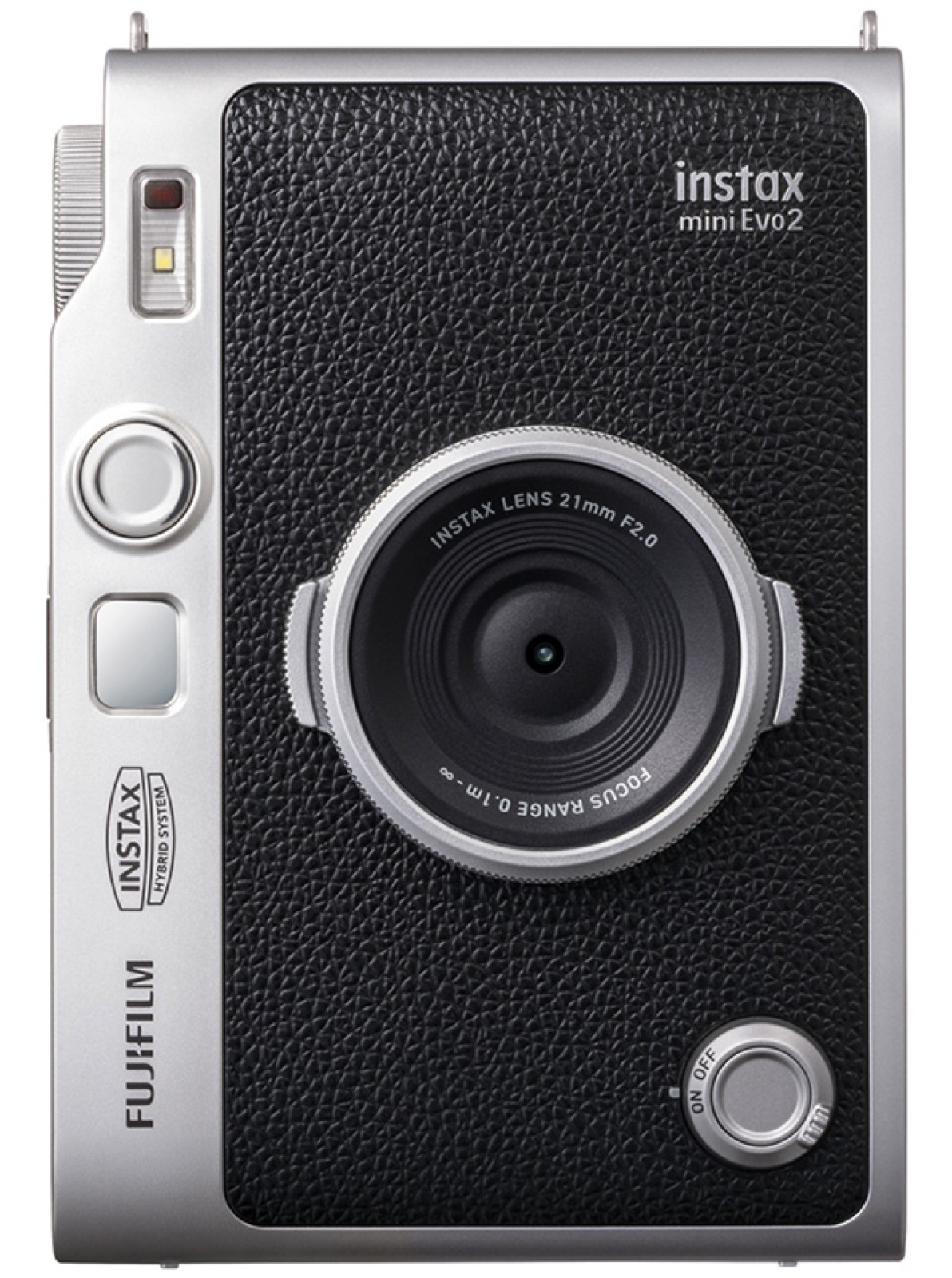 كاميرا instax mini Evo 2 من الأمام مع عدسة 21mm F2.0 — صورة رسمية من فوجي فيلم