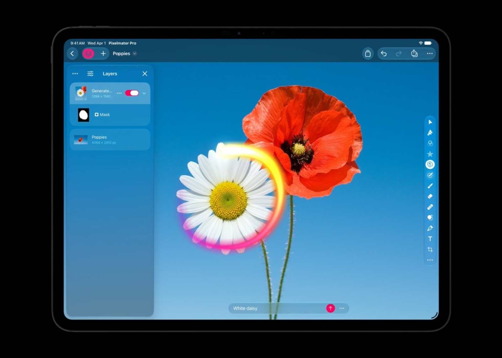 آبل Apple تحدّث فاينل كت برو Final Cut Pro: توليد الصور بالذكاء الاصطناعي ومؤثرات MotionVFX و23 لغة تفريغ جديدة 2 أداة Generate Fill في Pixelmator Pro على الآيباد: إضافة زهرة بأمر نصي — صورة رسمية من آبل